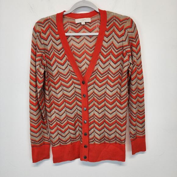 Ann Taylor LOFT Cardigan Sweater Size S Orange Tan Chevron Preppy Y2K Academia - Picture 1 of 8